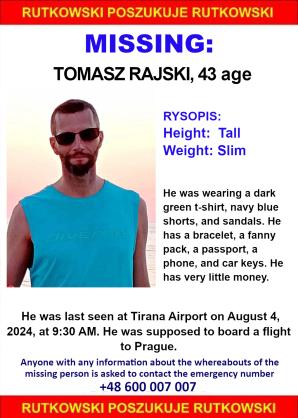 BIURO RUTKOWSKI: Help needed to find missing Tomasz Rajski. Last seen at Tirana airport